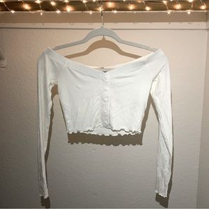 small white off the shoulder, button up crop top